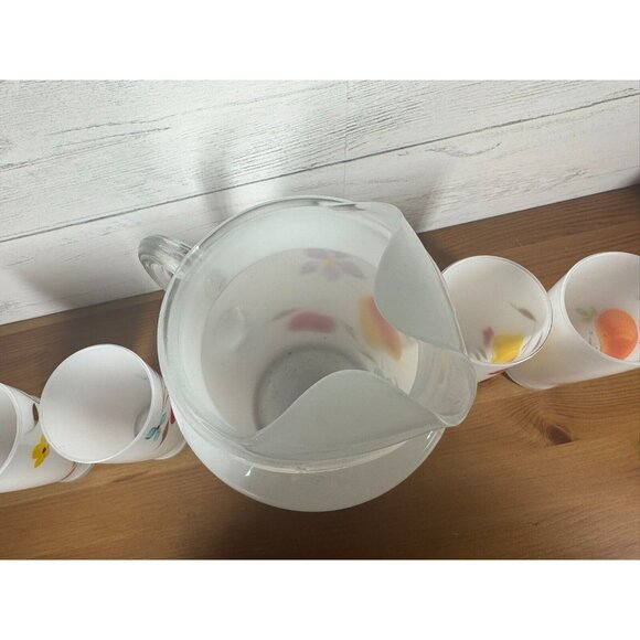 Vintage MCM Bartlett Collins Gay Fad White Frosted Fruit Pitcher & 4 Glasses - Picture 8 of 9